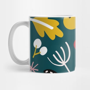 Leaves and mushroom pattern - red, yellow and pink on green Mug